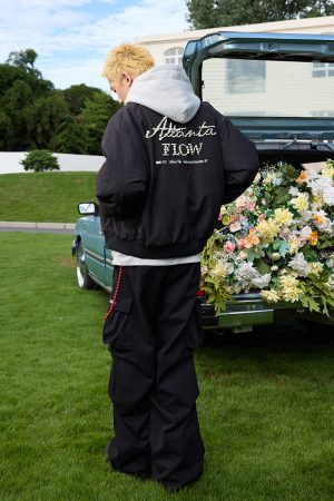 Long Sleeve MA-1 Pilot Jacket with Harshandcruel Typography and Pearl Embroidery - Trendy Streetwear Outerwear for Fall
