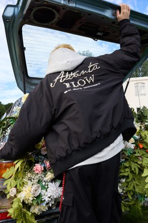 Long Sleeve MA-1 Pilot Jacket with Harshandcruel Typography and Pearl Embroidery - Trendy Streetwear Outerwear for Fall