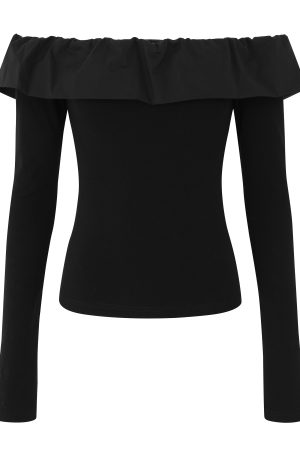 Long Sleeve Off-Shoulder Ruffled Top for Women, Spring Fashion, Strapless Slimming Shirt, Versatile 90s Style
