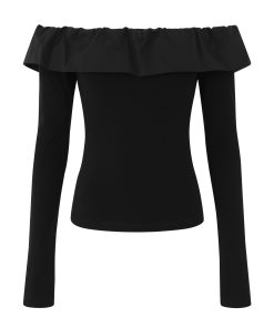 Long Sleeve Off-Shoulder Ruffled Top for Women, Spring Fashion, Strapless Slimming Shirt, Versatile 90s Style