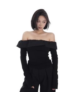 Long Sleeve Off-Shoulder Ruffled Top for Women, Spring Fashion, Strapless Slimming Shirt, Versatile 90s Style
