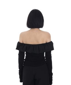 Long Sleeve Off-Shoulder Ruffled Top for Women, Spring Fashion, Strapless Slimming Shirt, Versatile 90s Style