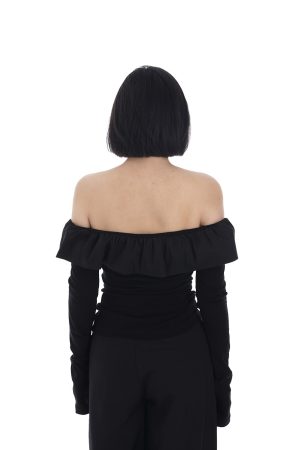 Long Sleeve Off-Shoulder Ruffled Top for Women, Spring Fashion, Strapless Slimming Shirt, Versatile 90s Style