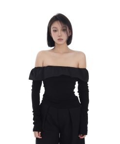 Long Sleeve Off-Shoulder Ruffled Top for Women, Spring Fashion, Strapless Slimming Shirt, Versatile 90s Style