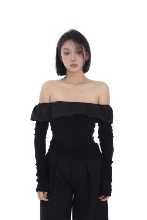 Long Sleeve Off-Shoulder Ruffled Top for Women, Spring Fashion, Strapless Slimming Shirt, Versatile 90s Style