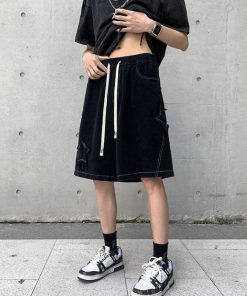 Long Sleeve Outfits Summer, autumn outfit inspiration collage - Drawstring Star Embroidered Shorts