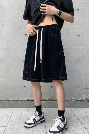 Long Sleeve Outfits Summer, autumn outfit inspiration collage - Drawstring Star Embroidered Shorts