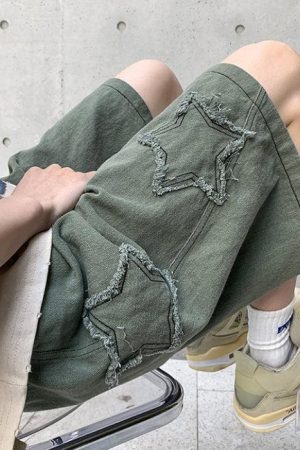 Long Sleeve Outfits Summer, autumn outfit inspiration collage - Drawstring Star Embroidered Shorts
