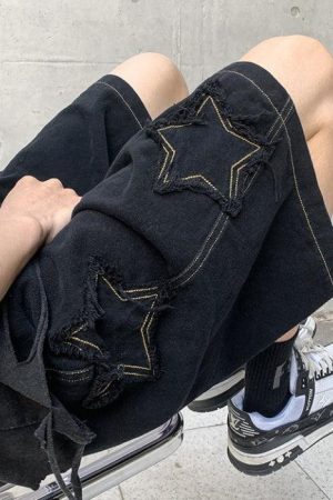 Long Sleeve Outfits Summer, autumn outfit inspiration collage - Drawstring Star Embroidered Shorts