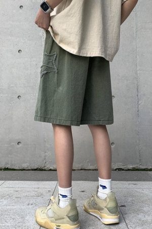 Long Sleeve Outfits Summer, autumn outfit inspiration collage - Drawstring Star Embroidered Shorts