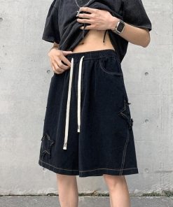 Long Sleeve Outfits Summer, autumn outfit inspiration collage - Drawstring Star Embroidered Shorts