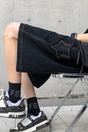 Long Sleeve Outfits Summer, autumn outfit inspiration collage - Drawstring Star Embroidered Shorts