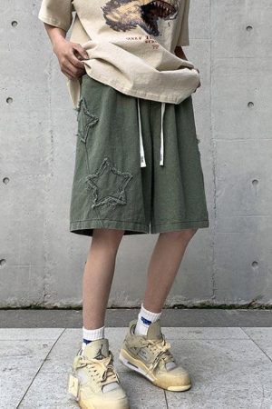 Long Sleeve Outfits Summer, autumn outfit inspiration collage - Drawstring Star Embroidered Shorts