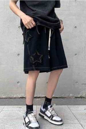 Long Sleeve Outfits Summer, autumn outfit inspiration collage - Drawstring Star Embroidered Shorts