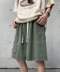 Long Sleeve Outfits Summer, autumn outfit inspiration collage - Drawstring Star Embroidered Shorts