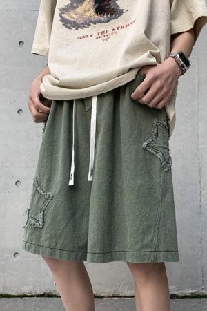 Long Sleeve Outfits Summer, autumn outfit inspiration collage - Drawstring Star Embroidered Shorts