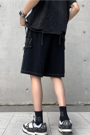 Long Sleeve Outfits Summer, autumn outfit inspiration collage - Drawstring Star Embroidered Shorts