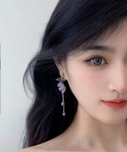 Long Tassel Purple Grape Earrings for Women, Face-Slimming Drop Design, High-End Look, Stylish Hook & Clip-On Options