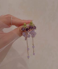 Long Tassel Purple Grape Earrings for Women, Face-Slimming Drop Design, High-End Look, Stylish Hook & Clip-On Options