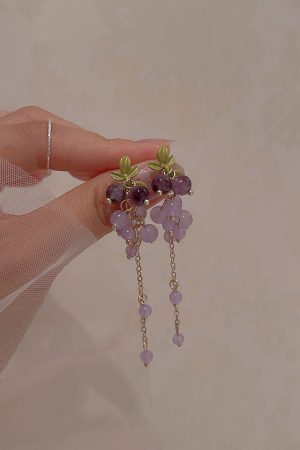 Long Tassel Purple Grape Earrings for Women, Face-Slimming Drop Design, High-End Look, Stylish Hook & Clip-On Options