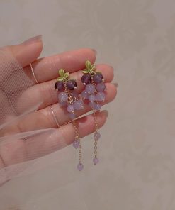 Long Tassel Purple Grape Earrings for Women, Face-Slimming Drop Design, High-End Look, Stylish Hook & Clip-On Options