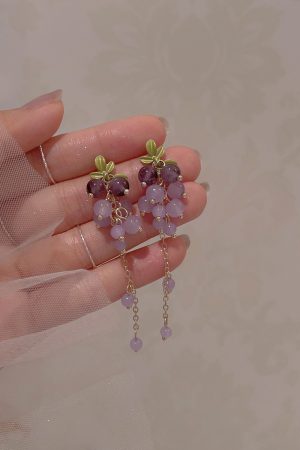 Long Tassel Purple Grape Earrings for Women, Face-Slimming Drop Design, High-End Look, Stylish Hook & Clip-On Options
