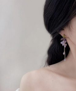 Long Tassel Purple Grape Earrings for Women, Face-Slimming Drop Design, High-End Look, Stylish Hook & Clip-On Options