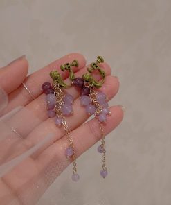 Long Tassel Purple Grape Earrings for Women, Face-Slimming Drop Design, High-End Look, Stylish Hook & Clip-On Options