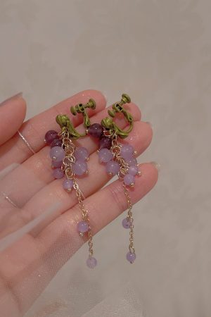 Long Tassel Purple Grape Earrings for Women, Face-Slimming Drop Design, High-End Look, Stylish Hook & Clip-On Options