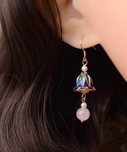 Long Tassel Trumpet Flower Pink Crystal Pearl Women's Earrings - High-End National Style Jewelry Gift