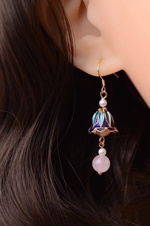 Long Tassel Trumpet Flower Pink Crystal Pearl Women's Earrings - High-End National Style Jewelry Gift