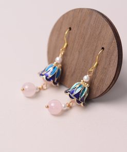 Long Tassel Trumpet Flower Pink Crystal Pearl Women's Earrings - High-End National Style Jewelry Gift