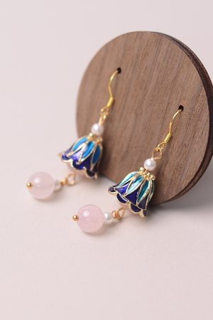 Long Tassel Trumpet Flower Pink Crystal Pearl Women's Earrings - High-End National Style Jewelry Gift