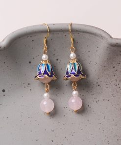 Long Tassel Trumpet Flower Pink Crystal Pearl Women's Earrings - High-End National Style Jewelry Gift