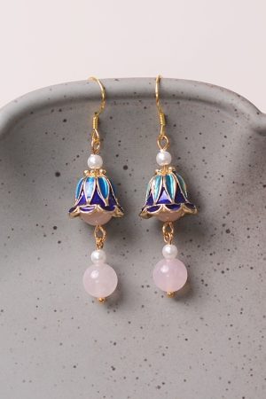 Long Tassel Trumpet Flower Pink Crystal Pearl Women's Earrings - High-End National Style Jewelry Gift
