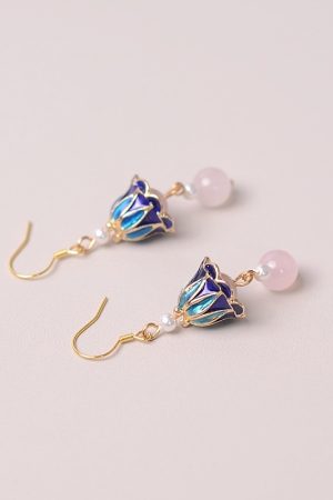 Long Tassel Trumpet Flower Pink Crystal Pearl Women's Earrings - High-End National Style Jewelry Gift