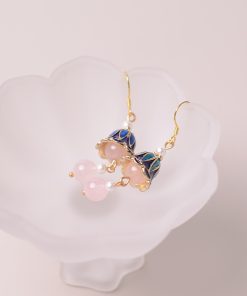 Long Tassel Trumpet Flower Pink Crystal Pearl Women's Earrings - High-End National Style Jewelry Gift