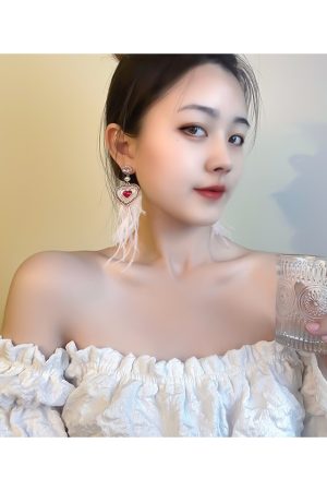 Long White Feather Heart Earrings for Autumn Winter 2025 - Sweet Cute Personalized Ear Accessories to Enhance Your Look