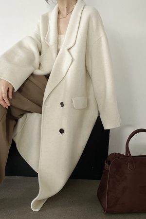 Long Wool Double-Sided Coat for Women, Arc-Shaped Segmented Cocoon Design, Stylish Outerwear for Fall and Winter