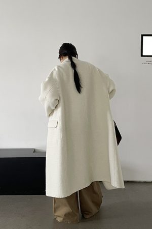 Long Wool Double-Sided Coat for Women, Arc-Shaped Segmented Cocoon Design, Stylish Outerwear for Fall and Winter