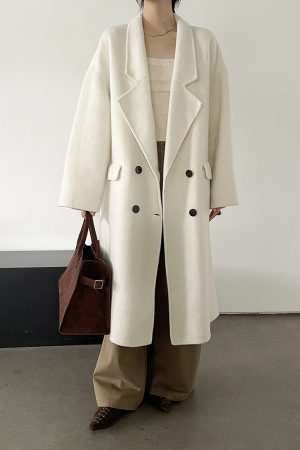 Long Wool Double-Sided Coat for Women, Arc-Shaped Segmented Cocoon Design, Stylish Outerwear for Fall and Winter