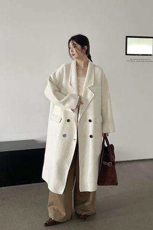 Long Wool Double-Sided Coat for Women, Arc-Shaped Segmented Cocoon Design, Stylish Outerwear for Fall and Winter