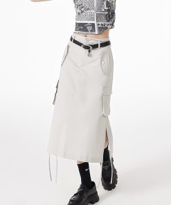 Lookbook Outfits, Japan Outfit - Slit & String Detailed Cargo Midi Skirt