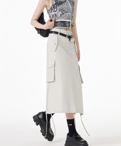 Lookbook Outfits, Japan Outfit - Slit & String Detailed Cargo Midi Skirt