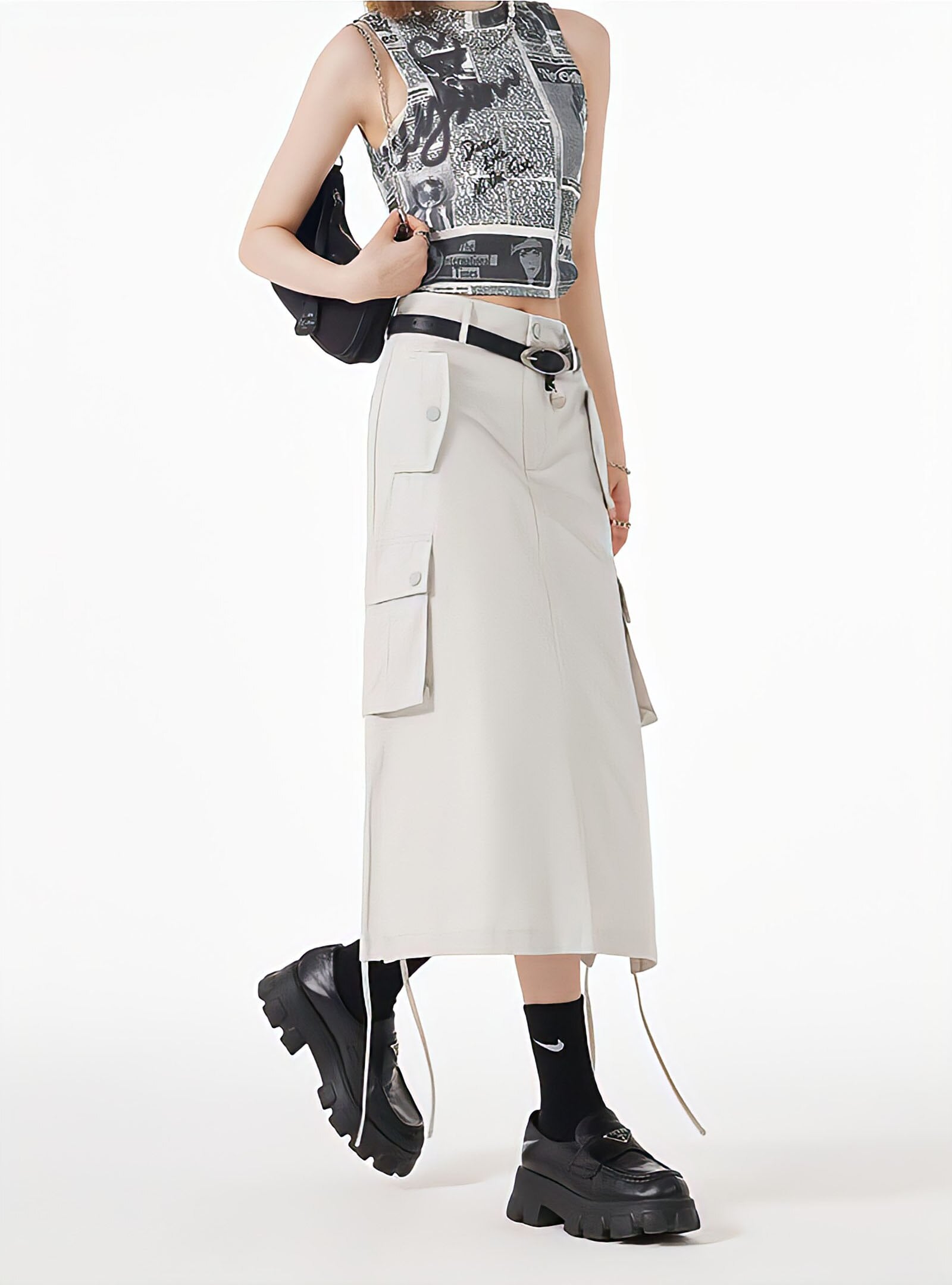 Lookbook Outfits, Japan Outfit - Slit & String Detailed Cargo Midi Skirt Lookbook Outfits, Japan Outfit - Slit & String Detailed Cargo Midi Skirt