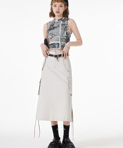 Lookbook Outfits, Japan Outfit - Slit & String Detailed Cargo Midi Skirt