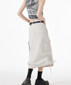 Lookbook Outfits, Japan Outfit - Slit & String Detailed Cargo Midi Skirt