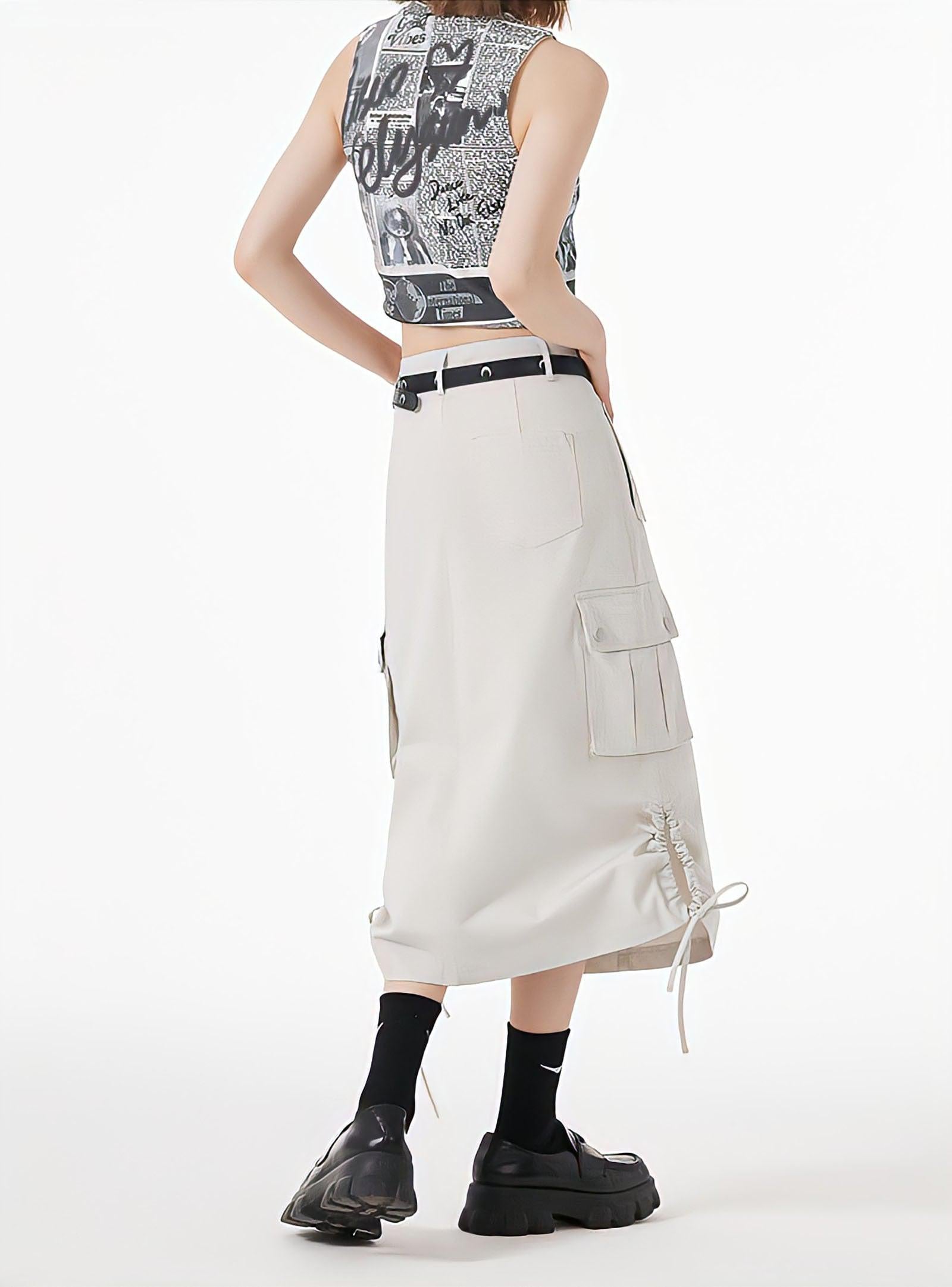 Lookbook Outfits, Japan Outfit - Slit & String Detailed Cargo Midi Skirt Lookbook Outfits, Japan Outfit - Slit & String Detailed Cargo Midi Skirt
