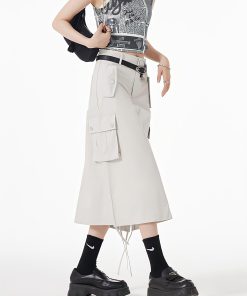 Lookbook Outfits, Japan Outfit - Slit & String Detailed Cargo Midi Skirt