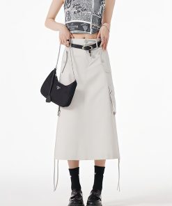 Lookbook Outfits, Japan Outfit - Slit & String Detailed Cargo Midi Skirt